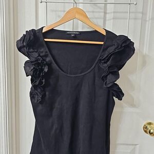 Boston Proper Black Ribbed Ruffle Shoulder Top XL